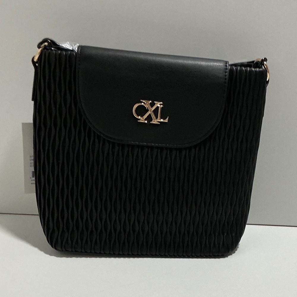 CXL by Christian Lacroix Black Pleated Crossbody Bag Gold Logo New